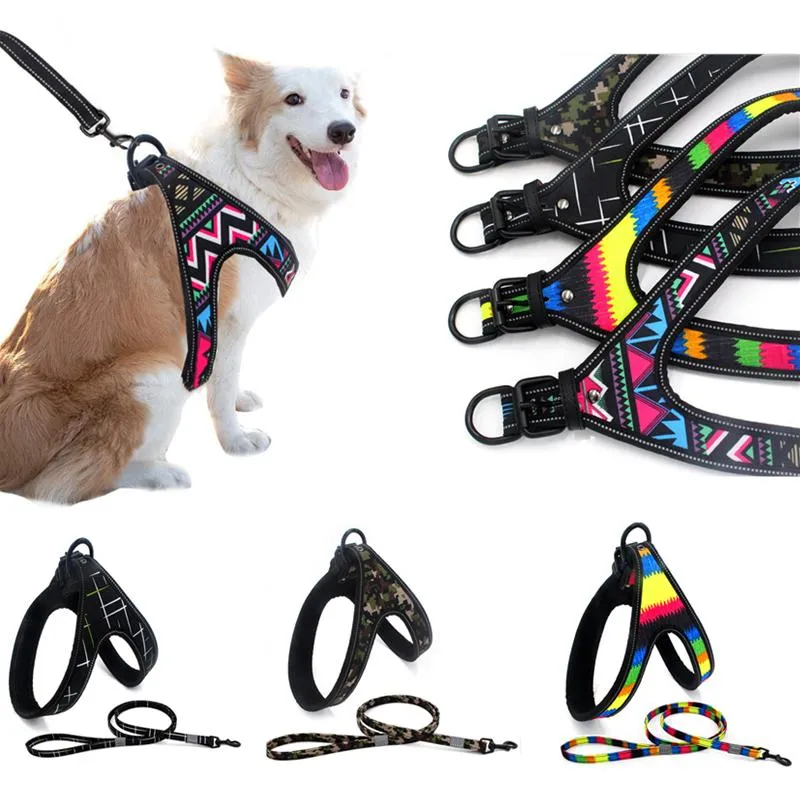 Dog Collars & Leashes No-Pull Reflective Pet Vest Harness Collar Small Medium Large Printed Harnesses Puppy Outdoor Travel Training WalkingD