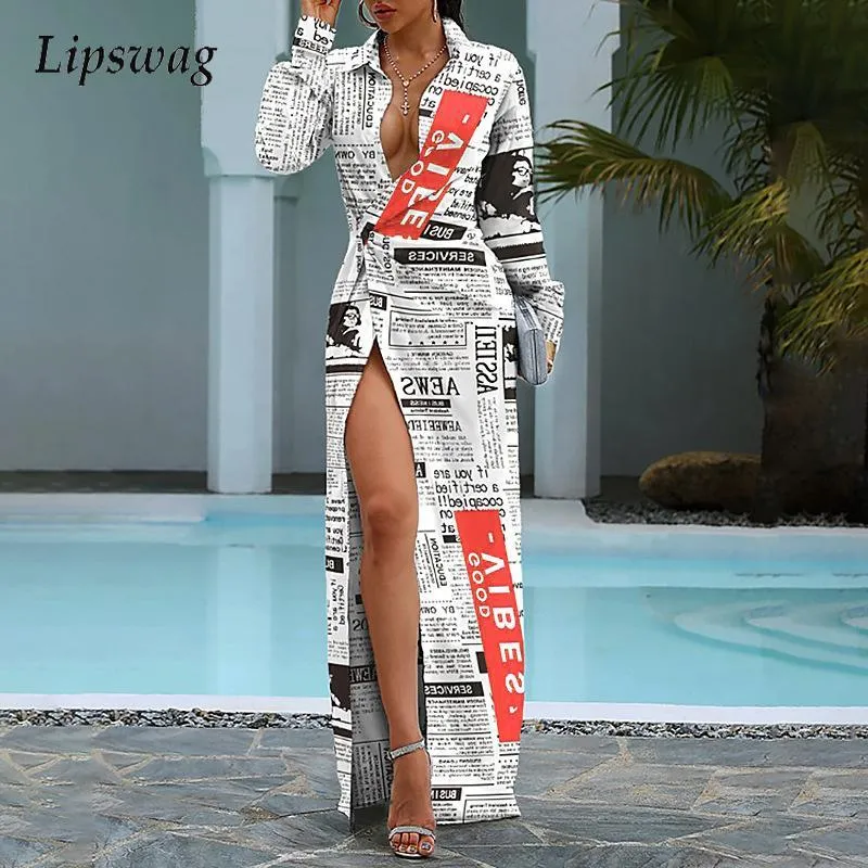 Vestidos casuais Mulheres Summer Summer Turn Down Collar Slit Dress Long Dress Long Sleeve Party Party Maxi Fashion Spaper Print Lady camisa