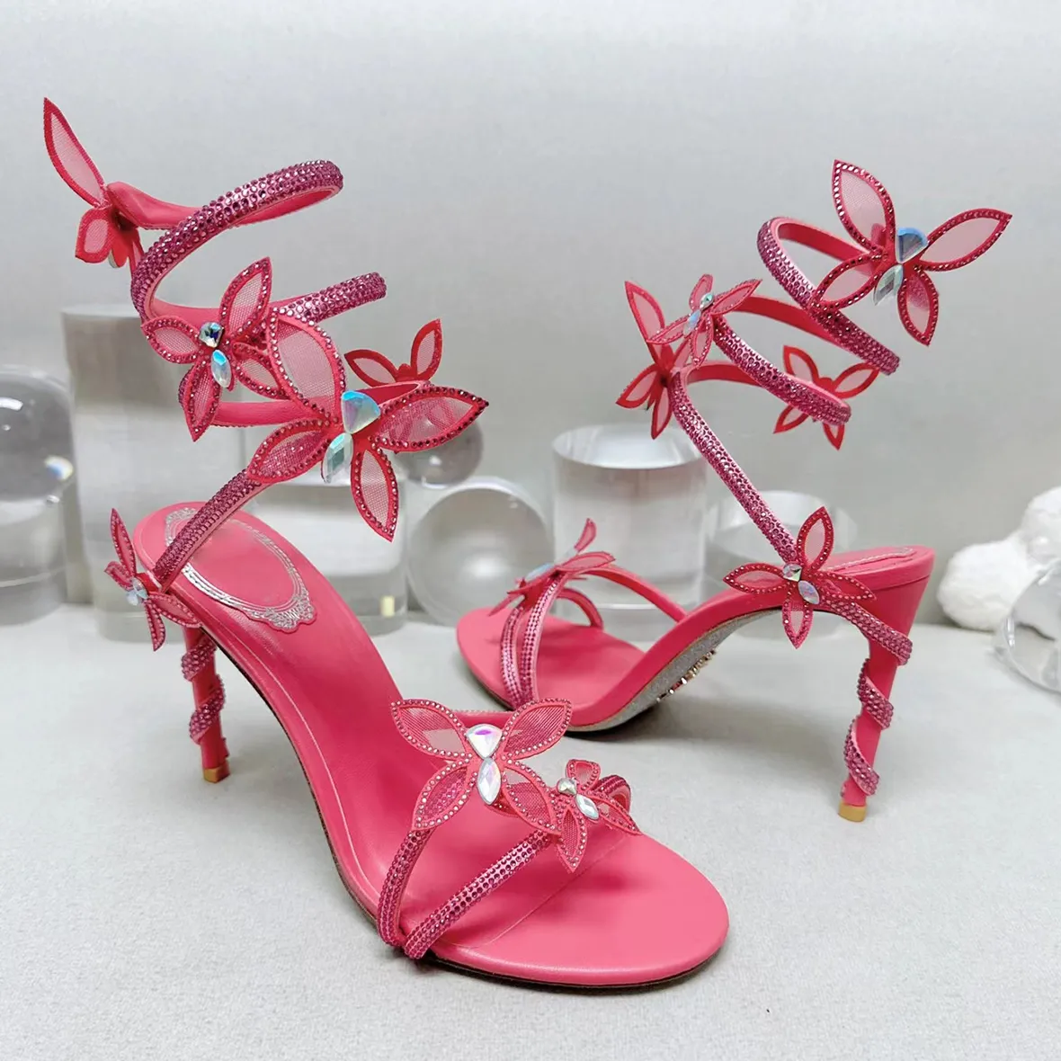 Rene Caovilla Salto Alto Sandálias Femininas de Designer Sapatos Femininos 9,5 cm Serpentina Envolvente Laço Cristal Moda Festa Salto Agulha Sapato Casamento
