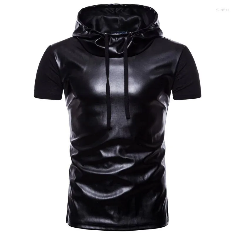 メンズTシャツwsgyjシャツメン2023夏の半袖フード付きパッチレザーファッションヒップホップティーフィットネス衣類ブラック
