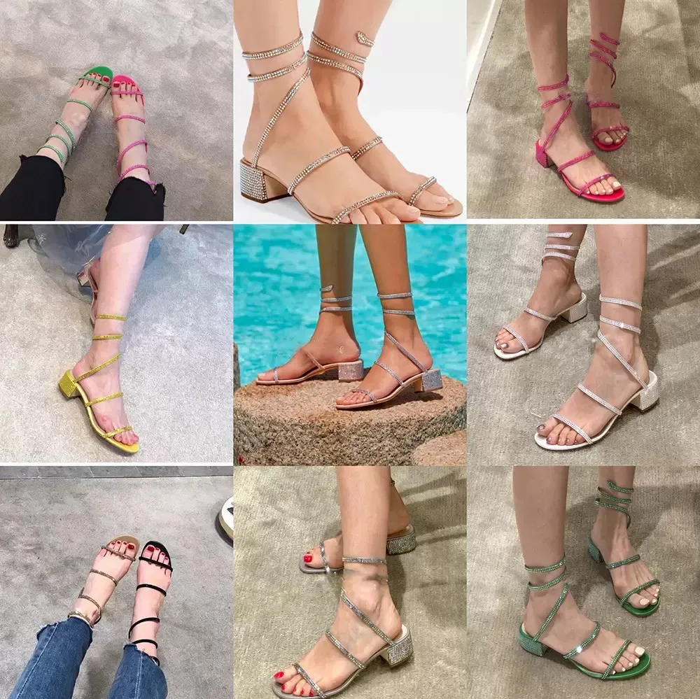 Элегантные женские женские сандалии дизайн обуви! Renescaovillas с хрустально вставленными спираль