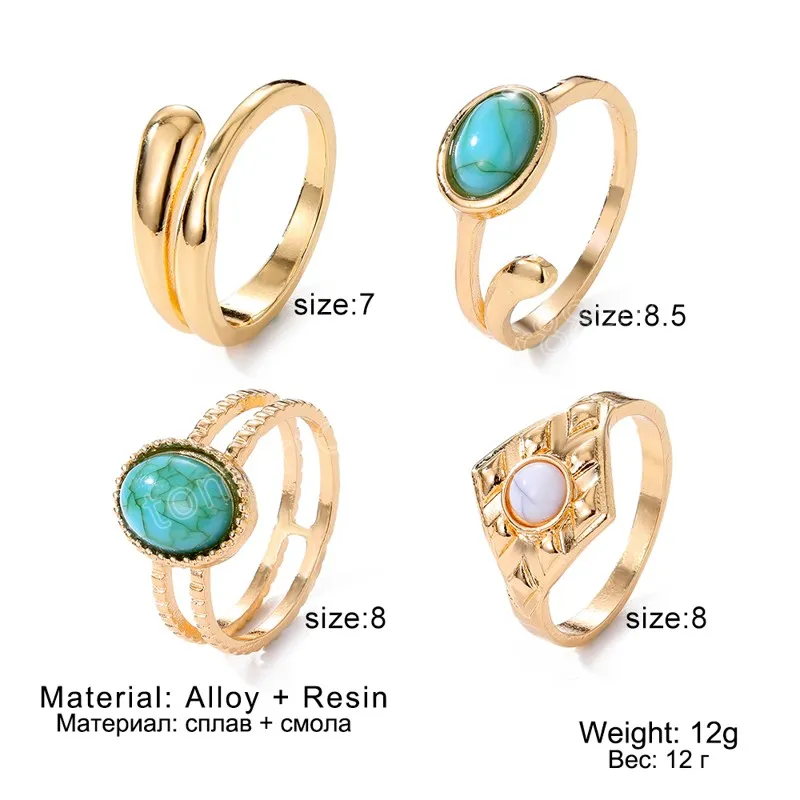 Bohemia Antique Gold Color Turquoise Round Rings Sets Knuckle Rings for Women Vintage Jewelry 2023 Gift Accessories