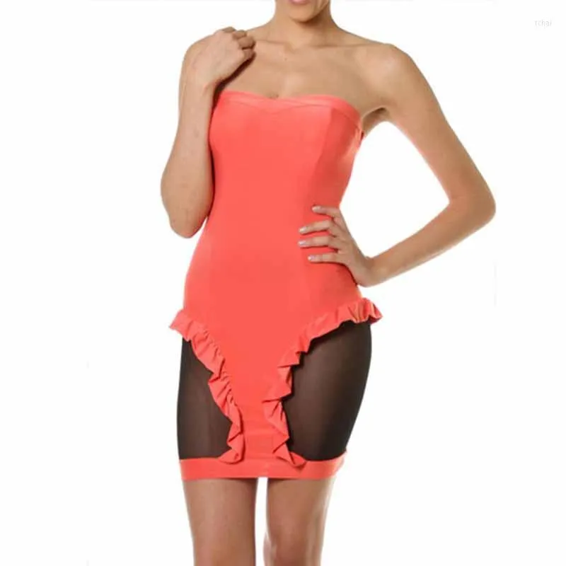 Robes décontractées femmes hors épaule Club robe élégante fête dames Sexy Tube sans bretelles volants maille insérer Mini été