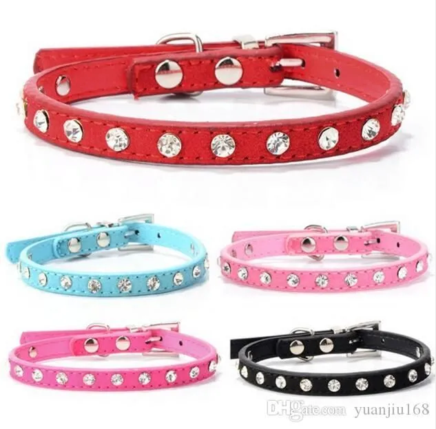 Puppy Dogs Collar Bell Rhinestone PU Leather Cat Supply Collars Pet Neck Strap G475