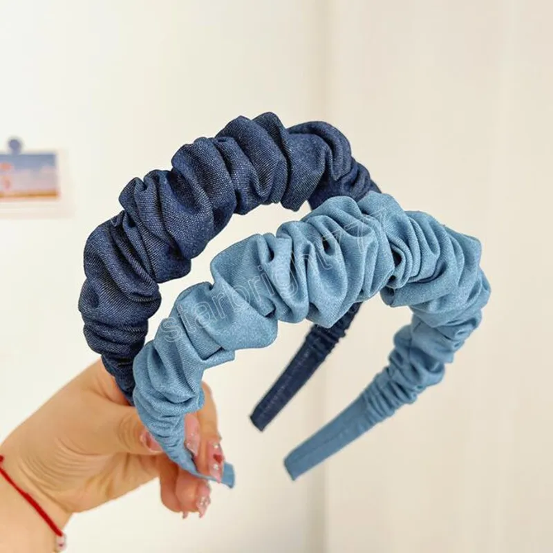 Mode Frauen Stirnband Plissee Denim Haarband Für Erwachsene Casual Breite Seite Turban Haar Zubehör