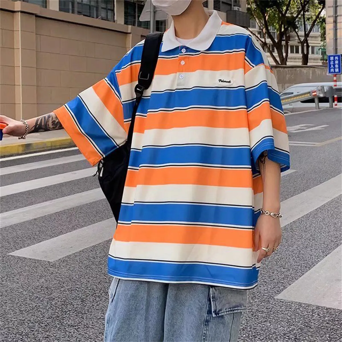 Polo da uomo Polo a righe Maglietta maschile Harajuku Maglietta oversize da ragazzo High Street Hip Hop Maglietta ampia a maniche corte gotica Maglietta cool giapponese 230316