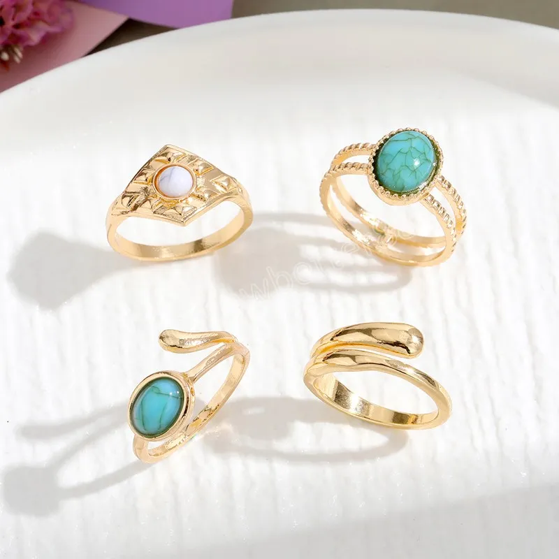 Bohemia Antique Gold Color Turquoise Round Rings Sets Knuckle Rings for Women Vintage Jewelry 2023 Gift Accessories