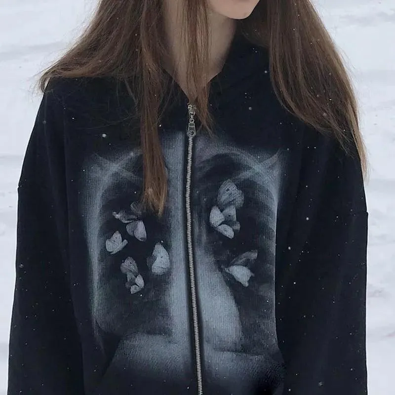 Sweats à capuche pour femmes Goth Streetwear Papillon Squelette Pull À Fermeture Éclair Sweat Crânes Imprimé Hip Hop Punk Grunge Dark Harajuku C