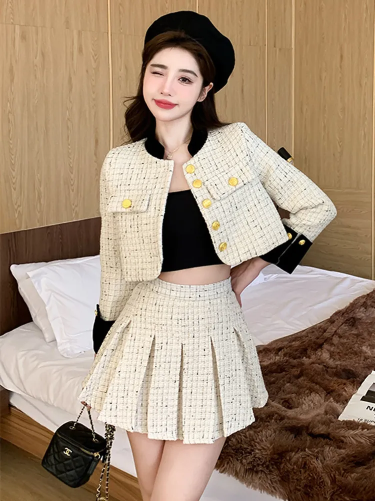 Women's Tweed Two Piece Dress Set - Vintage High Waist Pleated Skirt & Short Jacket - Black, Khaki, Beige Women's Tweed Two Piece Dress Set - Vintage High Waist Pleated Skirt & Short Jacket - Black, Khaki, Beige