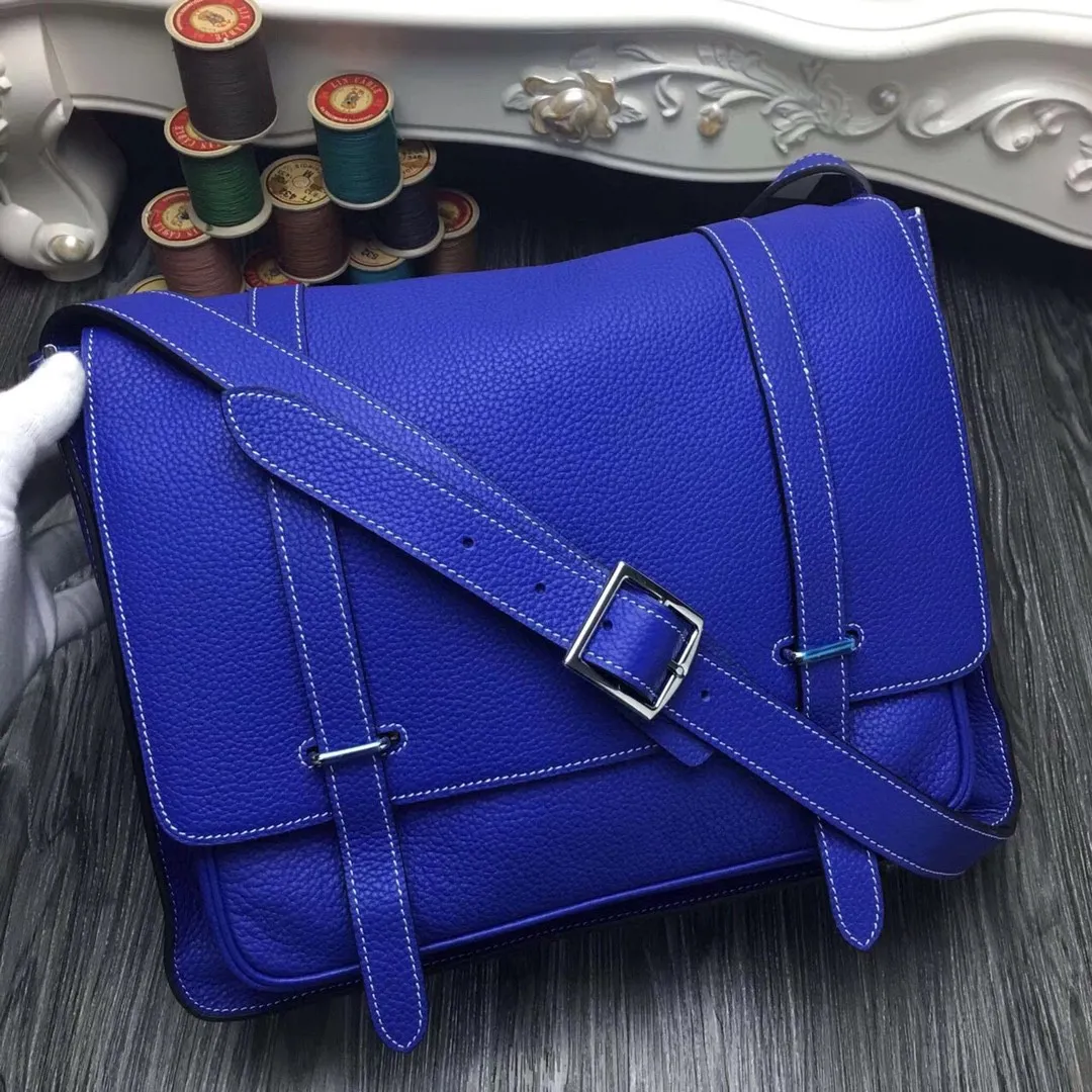 35cm cross body bag handmade quality men luxury purse brand handbag togo Leather wax line stitching blue colors wholesale price fast delivery