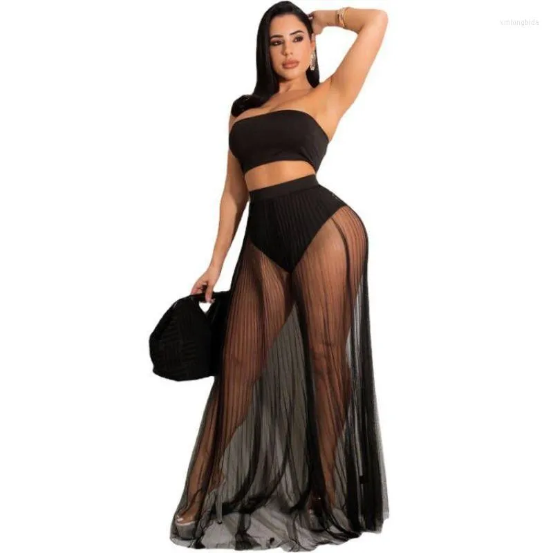 Two Piece Dress Beach Cover Ups For Women Long Mesh Skirt Strapless Croptop Summer Fashion Coverup See Through Set 2 Pieces