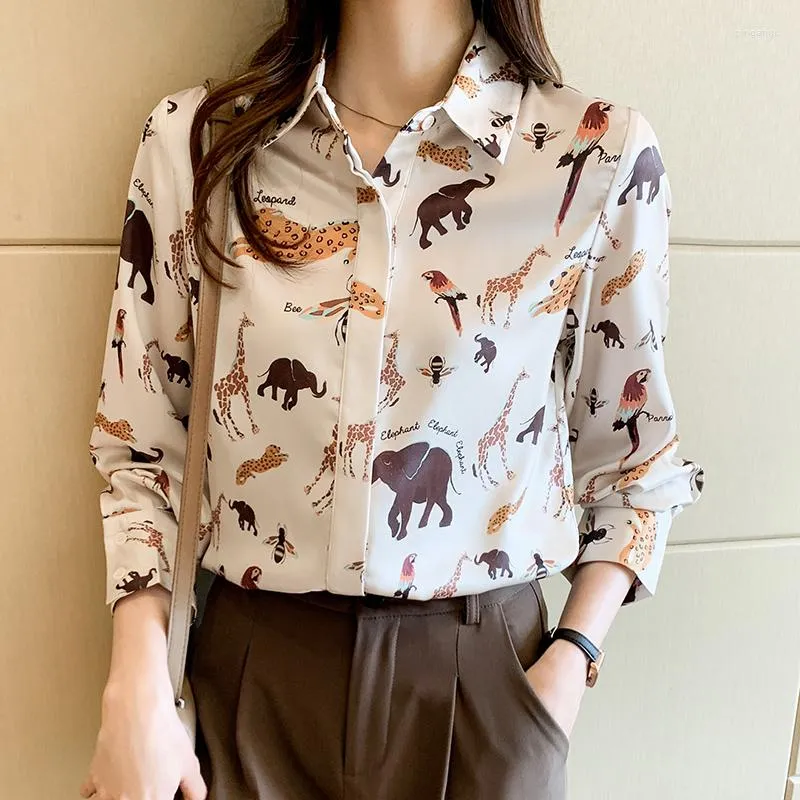 Kvinnors blusar Menahem Harajuku Animal Print Womens Shirt Vintage Elegant Chiffon Blue 2023 Spring Autumn Long Sleeve Female Zoo Satin