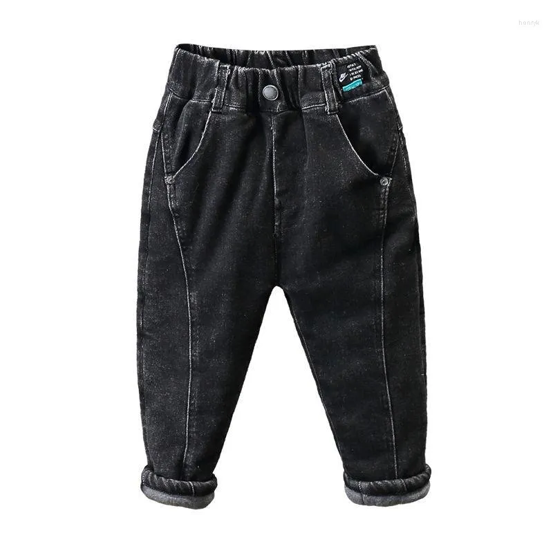 Jeans chłopcy stały kolor bawełniane spodnie termiczne spodnie maluch chłopiec jesienne ubrania luźne zimowe spodnie dla niemowląt marki dżins