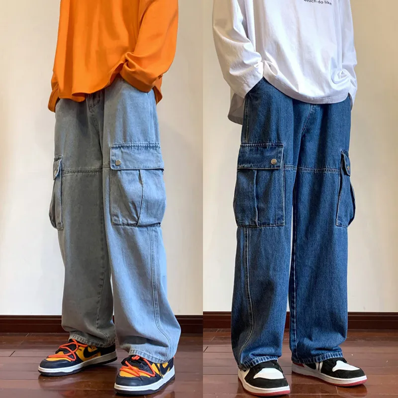 Erkek kot pantolon geniş bacak kargo pantolon Sonbahar sokak kıyafeti büllü hip hop kot büyük cepler erkekler Kore moda gevşek düz erkek giyim mavi 230316