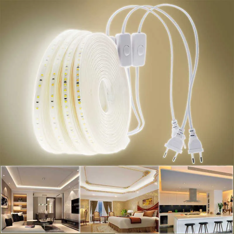 شرائح LED شريط ضوء LED مع التبديل 220 فولت خط LED الإضاءة 2835 120leds/m شريط LED مقاوم للماء أبيض دافئ أبيض 20M أضواء الديكور p230315