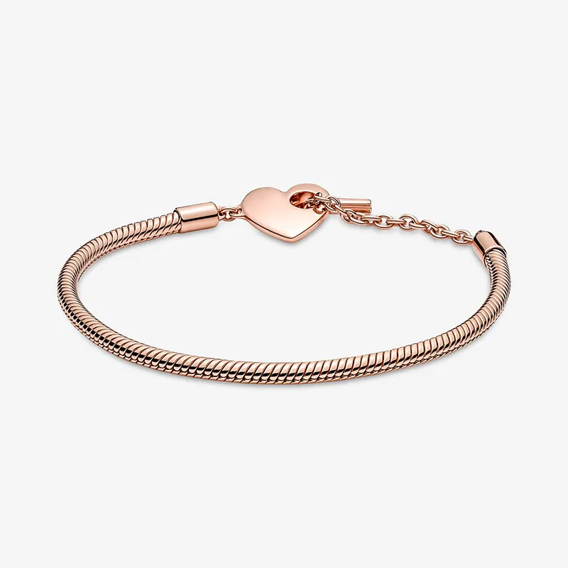 ローズゴールドハートTバースネークチェーンブレスレットリアル925女性 