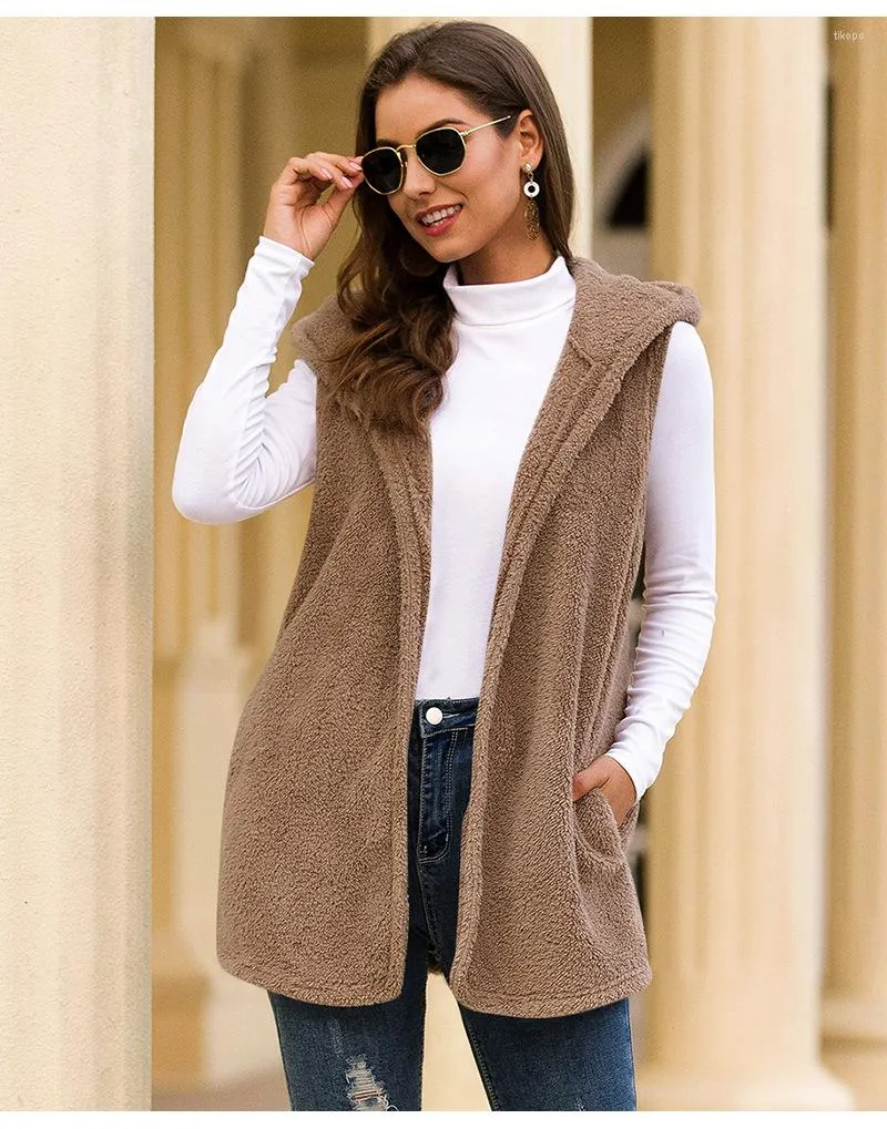 Gilet da donna Inverno Donna Gilet in peluche Cappotto 2023 Autunno Tinta unita Giacca con cappuccio di media lunghezza Fashion Street Cardigan da donna