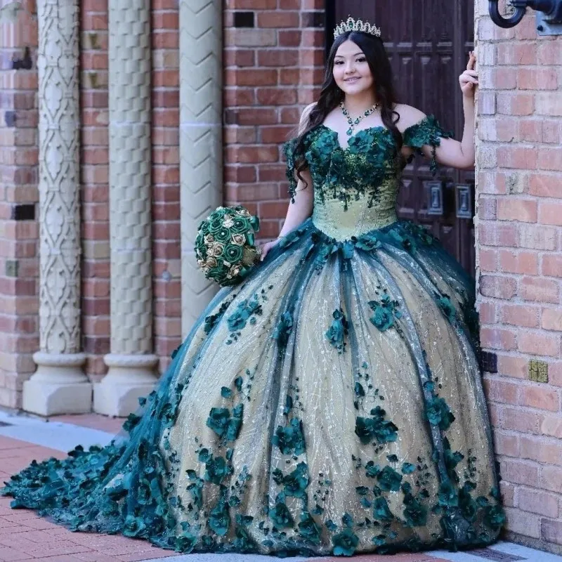 Elegant Emerald Green Lace Quinceanera -klänningar för söta 15 flickor 2023 Plus -storlek födelsedagsfestklänningar med 3D blommig applikation 322