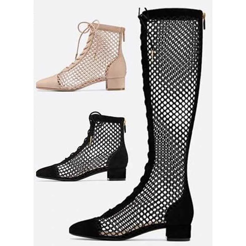 Chic Mesh Patchwork Suede Crosstie Zomer Knie Boots Chunky Heel Square Toe Woman Gladiator Fishnet Lace Up Hollow Out Botas 0316