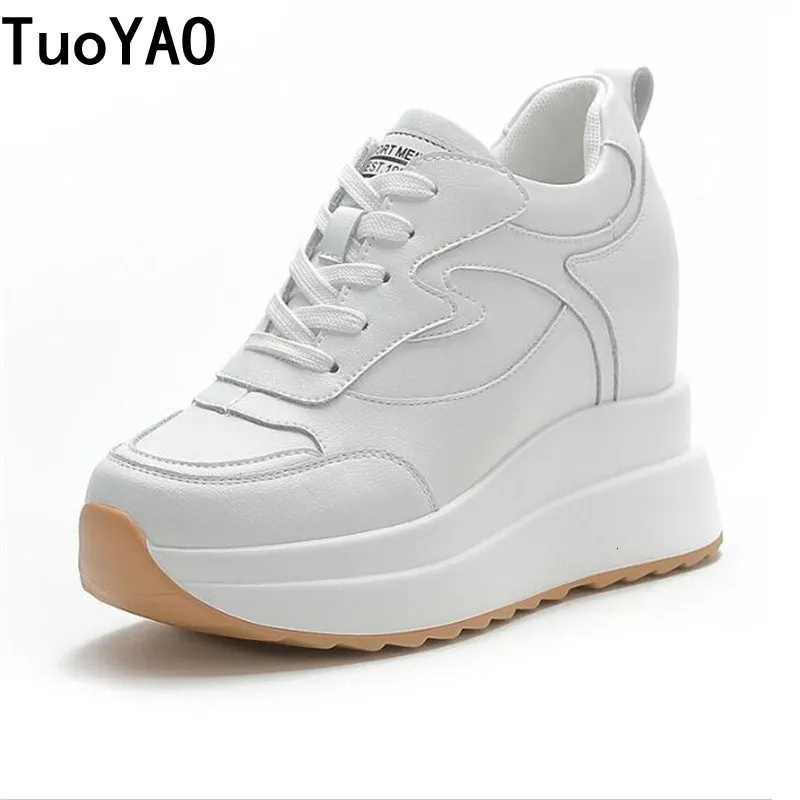 Dress Shoes Women Platform Trainers Genuine Leather Autumn Winter Sneakers 10CM Heels Wedges Shoes Breathable Height Increased Sneaker Woman 230316