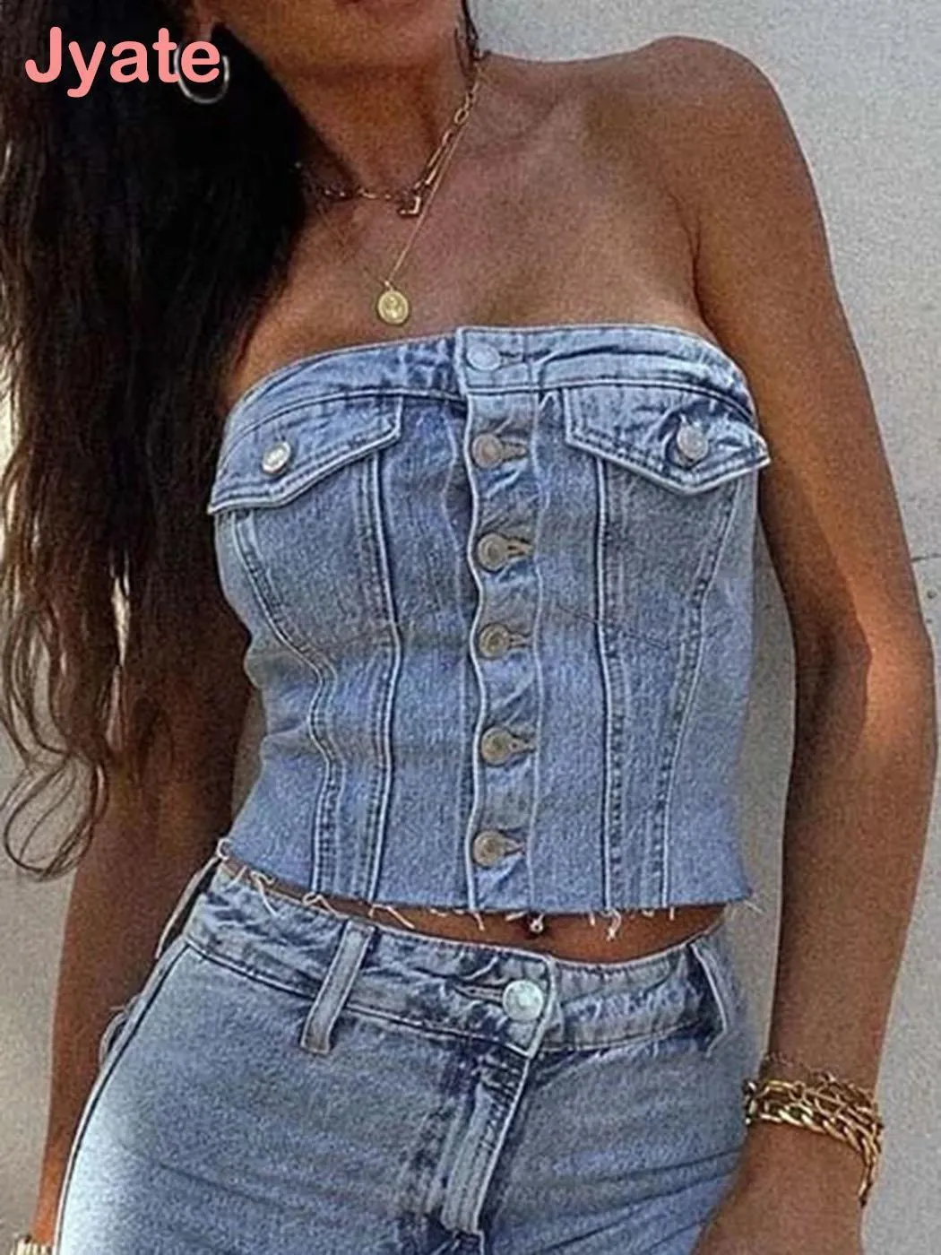 Women's Tanks Camis Jyate Women Denim Corset Wrap Chest Tops Fashion Backless Sleeveless Sexy Button Decoration Summer Casual Sling Tops 230316