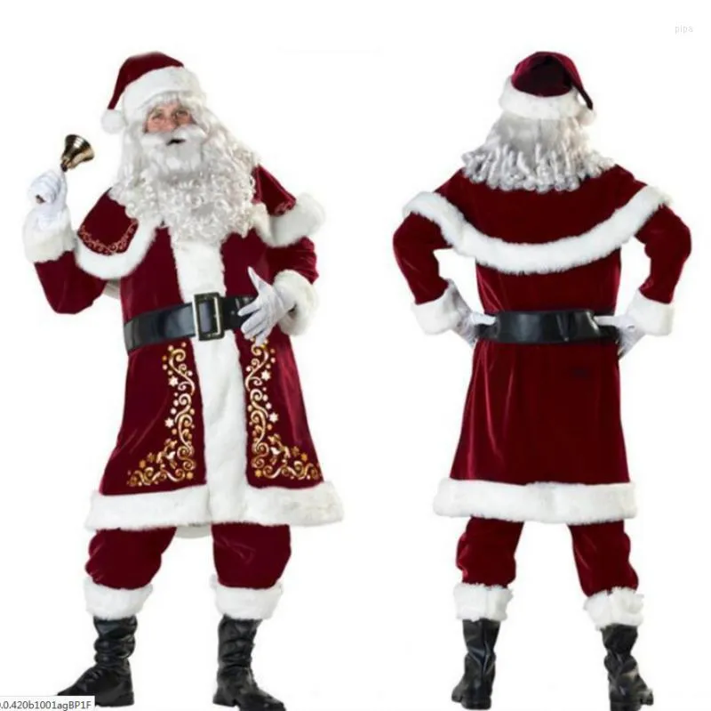 Casual Dresses Adult Christmas Cosplay Santa Claus Suit Costume Red Deluxe Velvet Fancy 9st Set Year Party Man S-XXL