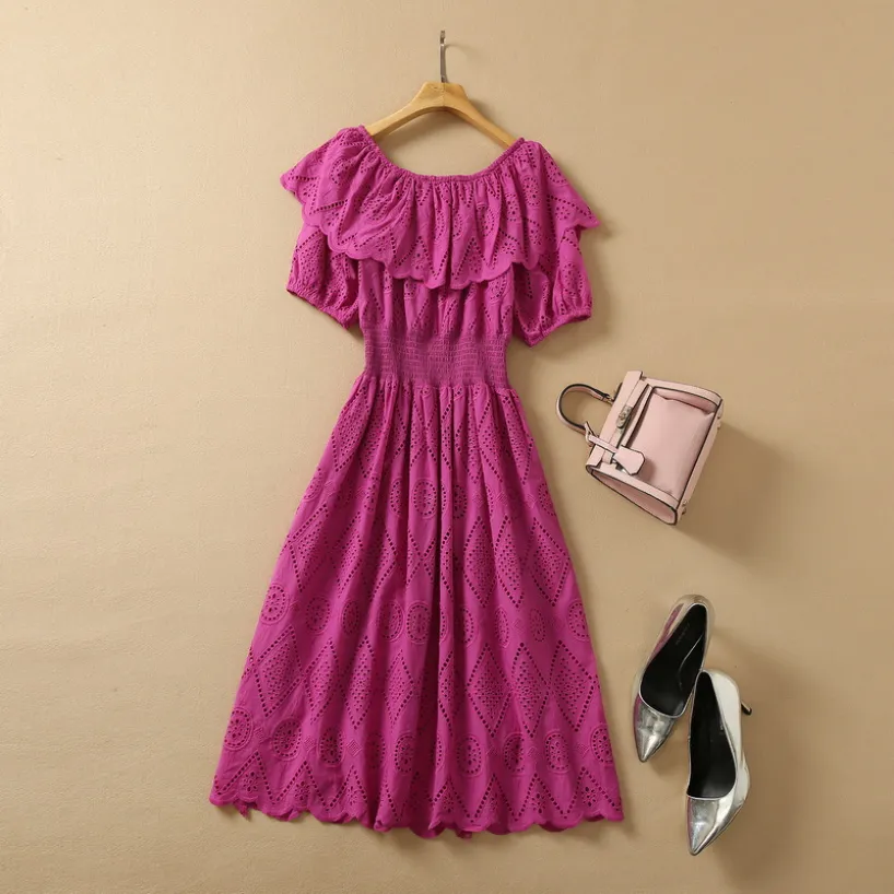 Summer Off Shoulder Slash Neck Dress Hot Pink / Apricot Solid Color Ruffle Neckline Mid-Calf Elastic Waist Elegant Casual Dresses 22Q192318