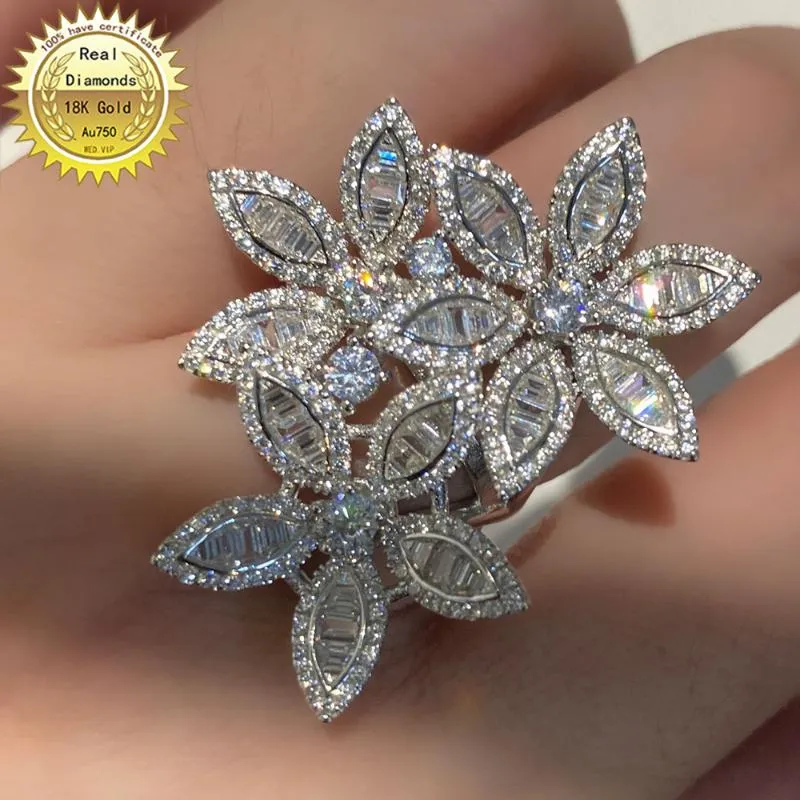 Cluster Rings 18k White Gold 2ct Natural Real Diamond Ring Flower Engagement&Wedding Jewellery Classic TrendyCluster