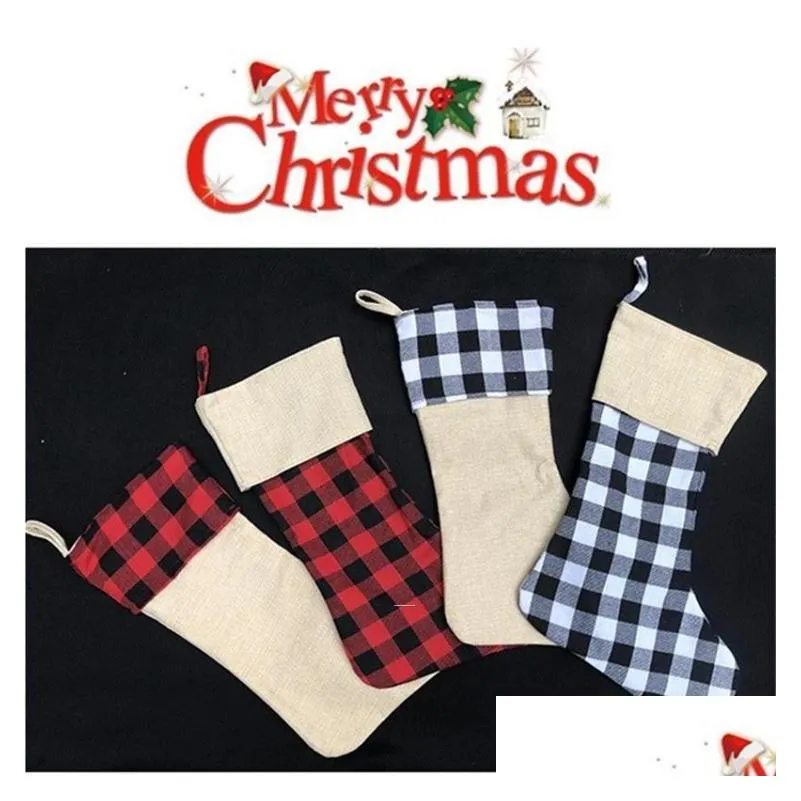Decorazioni natalizie Calza scozzese Cotone Flanella di bufalo Calze nere Decor Poly Sublimation Blanks Santa Drop Delivery Home G Dhahh