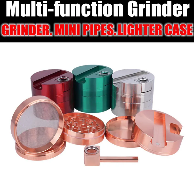 Fumer Coloré En Alliage De Zinc Multifonctionnel Herbe Sèche Tabac Moudre Épice Miller Grinder Filtre En Verre Amovible Bol Pipes À Main Briquet Portable Stash Case