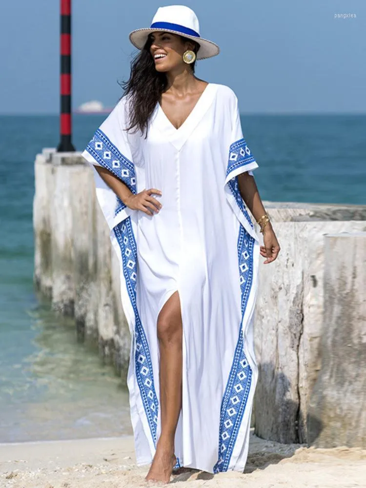 Women's Swimwear Kaftan Dresses Women Beach Cover Up White Embroidery India Folk Tunic Short Sleeve Summer Bathing Suits Outfits Beachwear