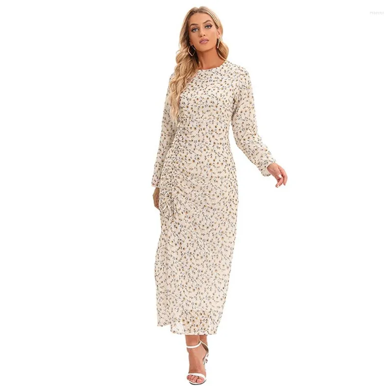 Roupas étnicas Vestido impressa de cordão das mulheres Ramadan Kaftan Manga longa O-pescoço veste de noite de pescoço caftan marocain abaya dubai hijab manto