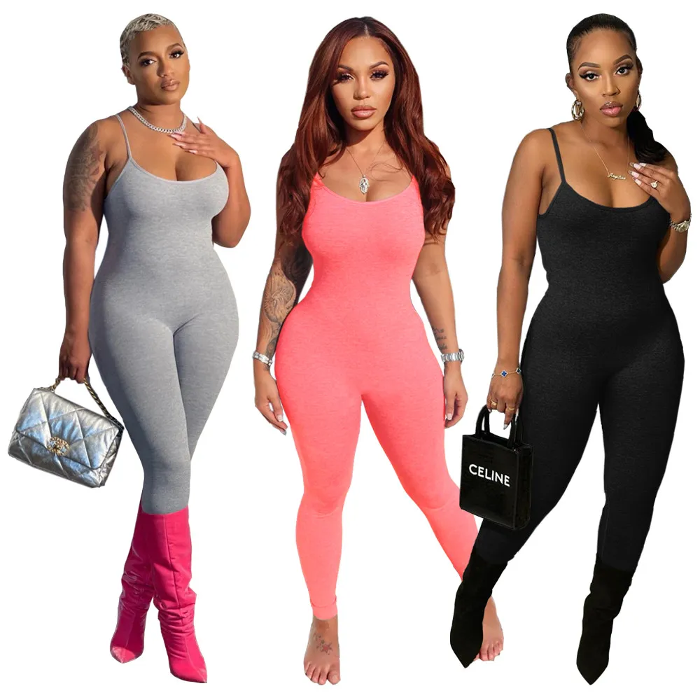 Designer Tute senza maniche estive Donna Cinghie senza spalline Pagliaccetti Sexy V Bodycon Tute Solid Tuta intera Leggings Bulk Abbigliamento all'ingrosso 9485