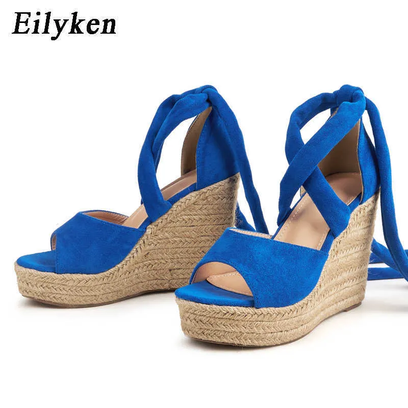 top Summer Solid Women Blue Platform Wedges Sandals Fashion High Heels shoes Ankle Strap Ladies Open toe Shoes 230306