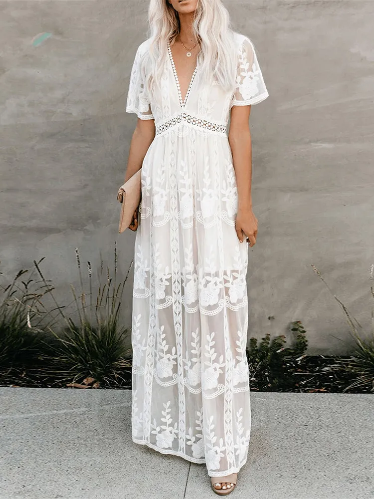 Casual Dresses Jastie Summer Boho Women Maxi Dress Loose Embroidery White Lace long Tunic Beach Dress Vacation Holiday Women Clothing 230316