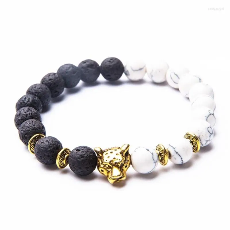 Strand Light Yellow Gold Color Leopard Connect Black Lava Stone Round Beads Bracelet White Howlite Animal Jewelry