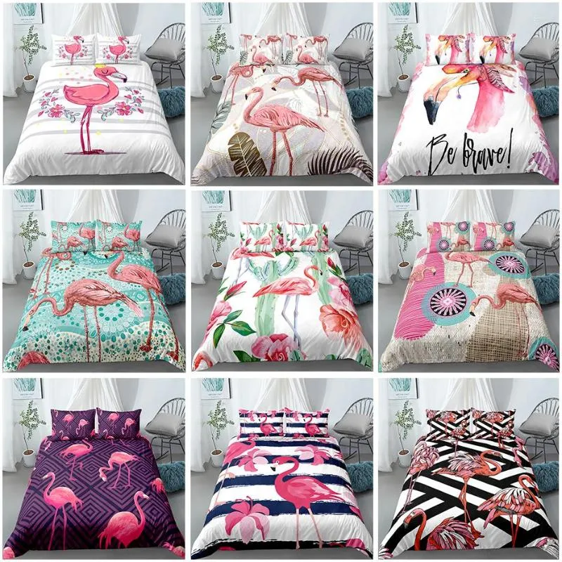 Sängkläder set tecknad rosa flamingo set 2/3 st geometriskt mönster 3d säng täcke kudde kudde barn bekväma täcke täcker