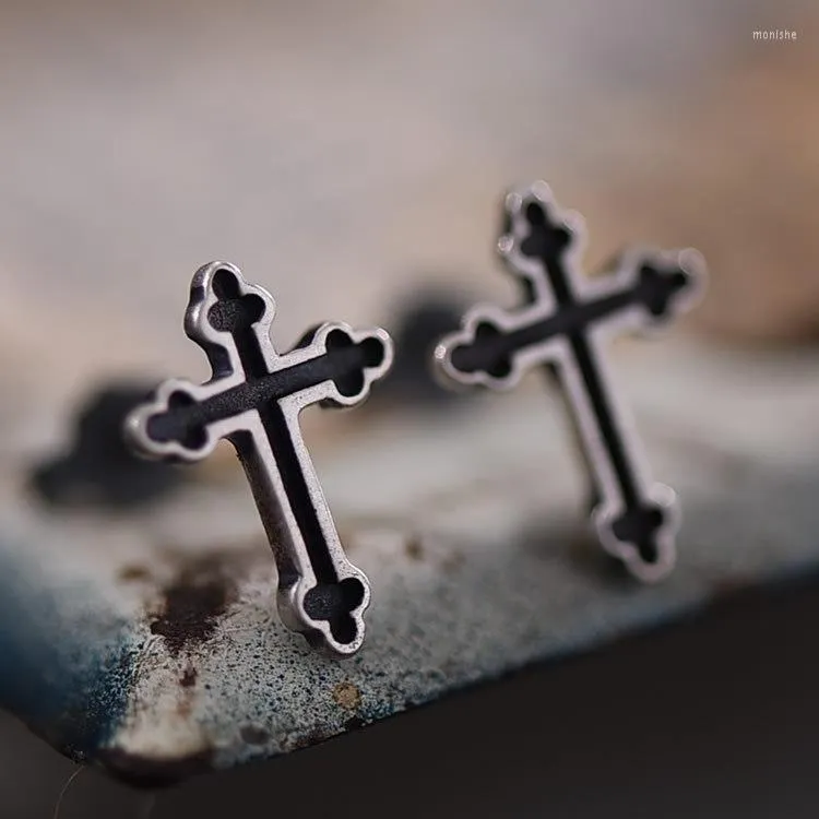 Orecchini a bottone S925 Sterling Silver Simple Cross Factory Direct Vintage Dark Punk Ear Jewelry