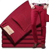 Men's Jeans Spring and summer men's wine red jeans fashion casual boutique business casual straight denim stretch trousers men's brand pants Z0315