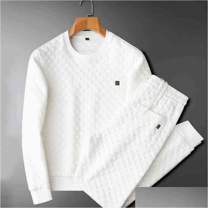 Men's Tracksuits Mens 2024 Light Luxury Stand Collar White Casual Sports Suit Slim Spring and Autumn Knitted Fitness Twopiece Trend Dhpyc