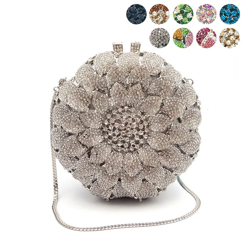 Kvällspåsar Kvinnor Evening Party Bag Diamonds Crystal Clutch Bridal Wedding Wallet Purse handväska Elegant Sun Flower Pures 230316