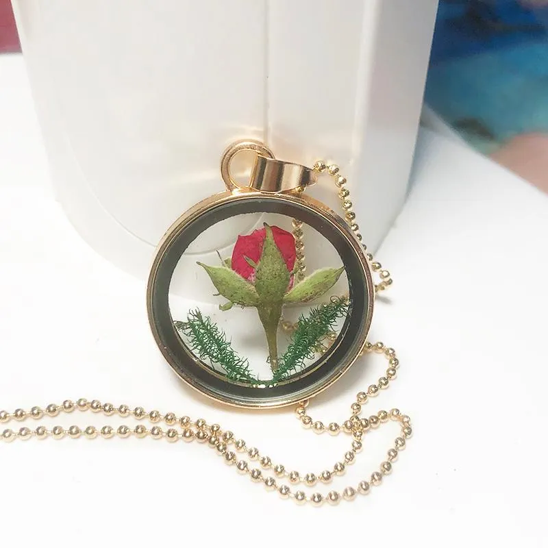 Pendant Necklaces Dried Rose Glass Floating Lockets For Women Flower Pendants Necklace Chain Choker Jewelry Gifts SouvenirPendant