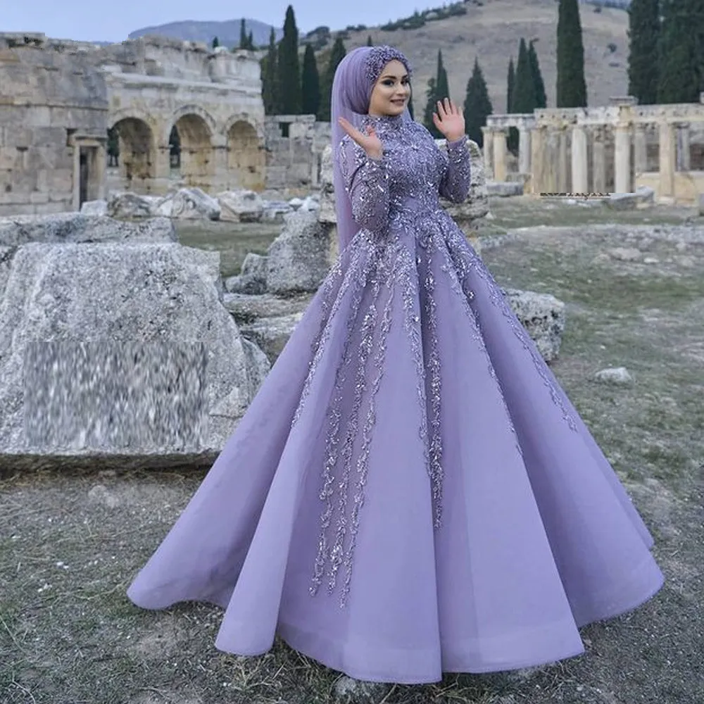 Robe de soirée musulmane à manches longues, lavande, lilas, avec des appliques dorées, de luxe, dubaï, arabe, col haut, robe de bal, 2023