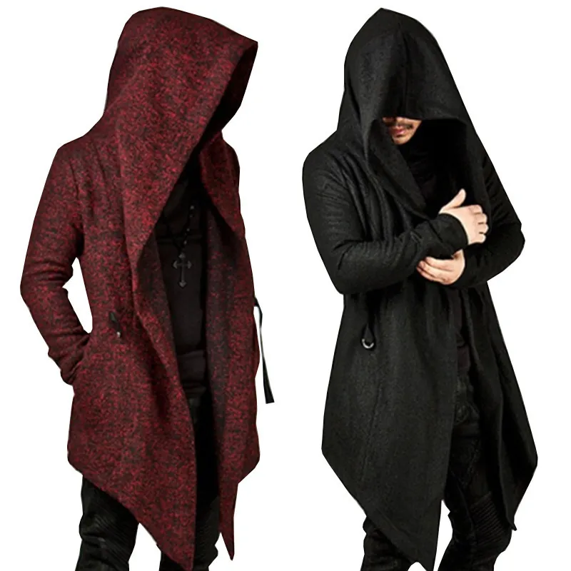 Men's Trench Coats Steampunk Men Gothic Male Hooded Irregular Red Black Trench Vintage Mens Outerwear Cloak Fashion trench coat men X9105 230316