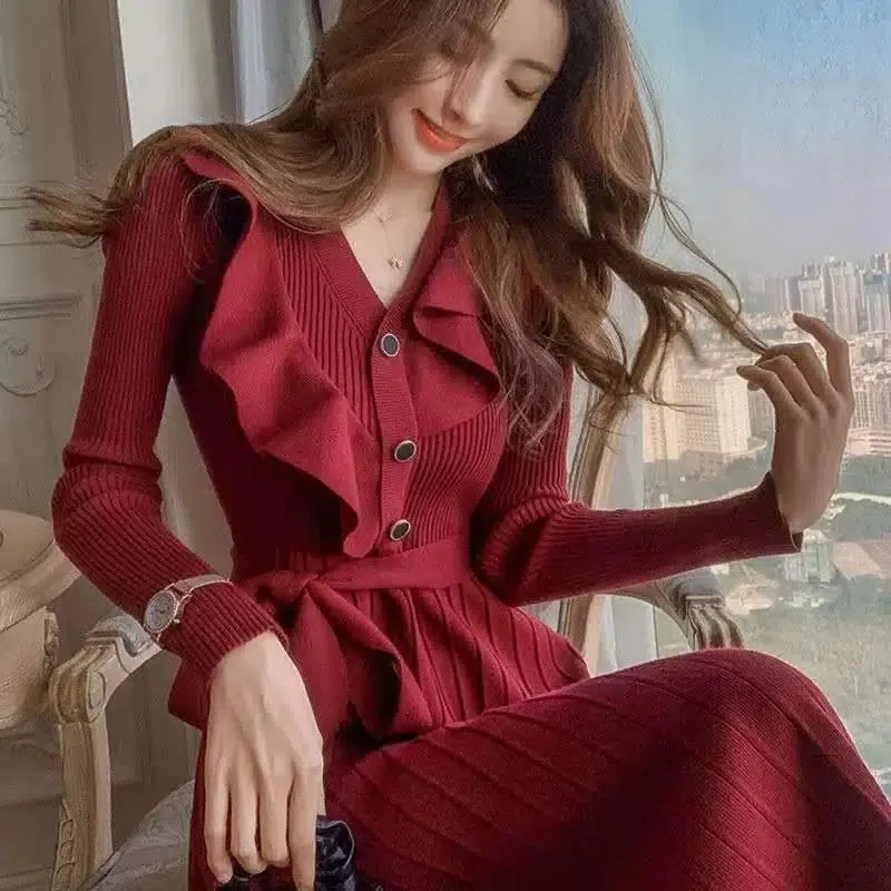 Sukienki swobodne biyaby moda czerwone swobodne scedos sukienka jesienna zima bodycon dzianinowy sweter elegancki biuro damskie sukienka 230316