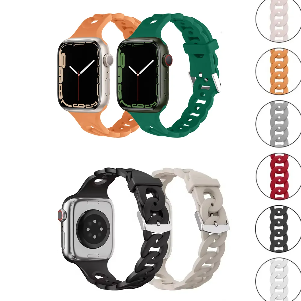 Faixas de correia 00 link de corrente anel de silicone Bandas de luxo de pulseira respirável para Apple Watch 38/40/41mm 42/44/45/mm Strap para iwatch Series 2 3 4 5 6 7 8 SE Ultra