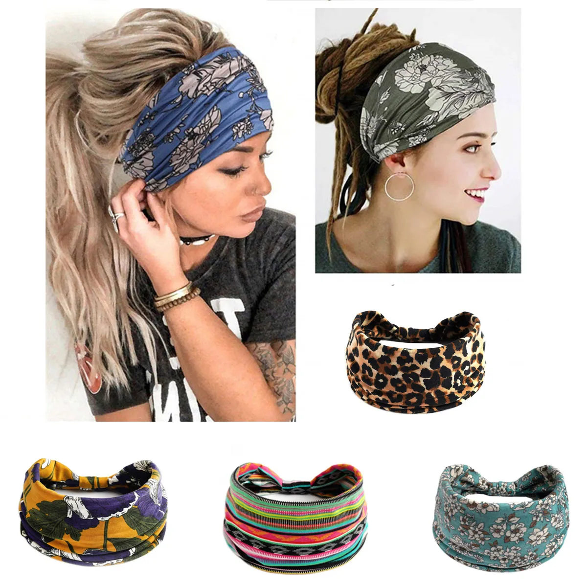 Bred headwrap pannband för kvinnor Boho Knutade elastiska hårband Girls hårtillbehör Yoga Running Travel Print Turban Bandage