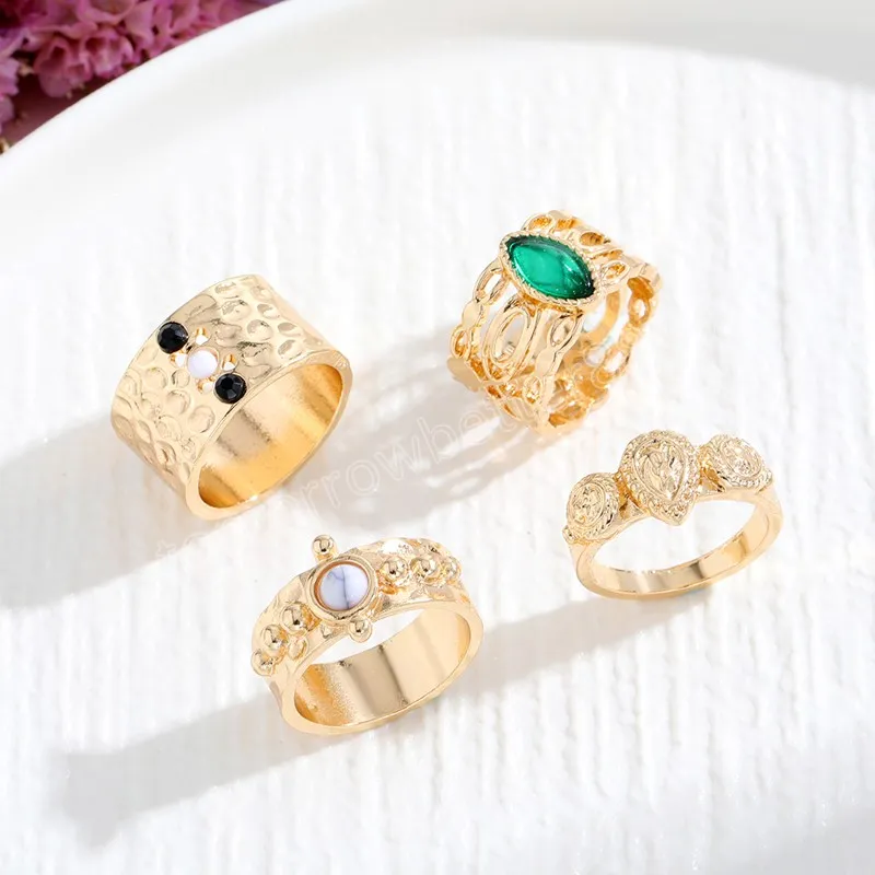 Green Crystal Rings Set for Women Gold Bated vintage Estética Geométrica Luxo Anilos Lady Jewelry Gifts