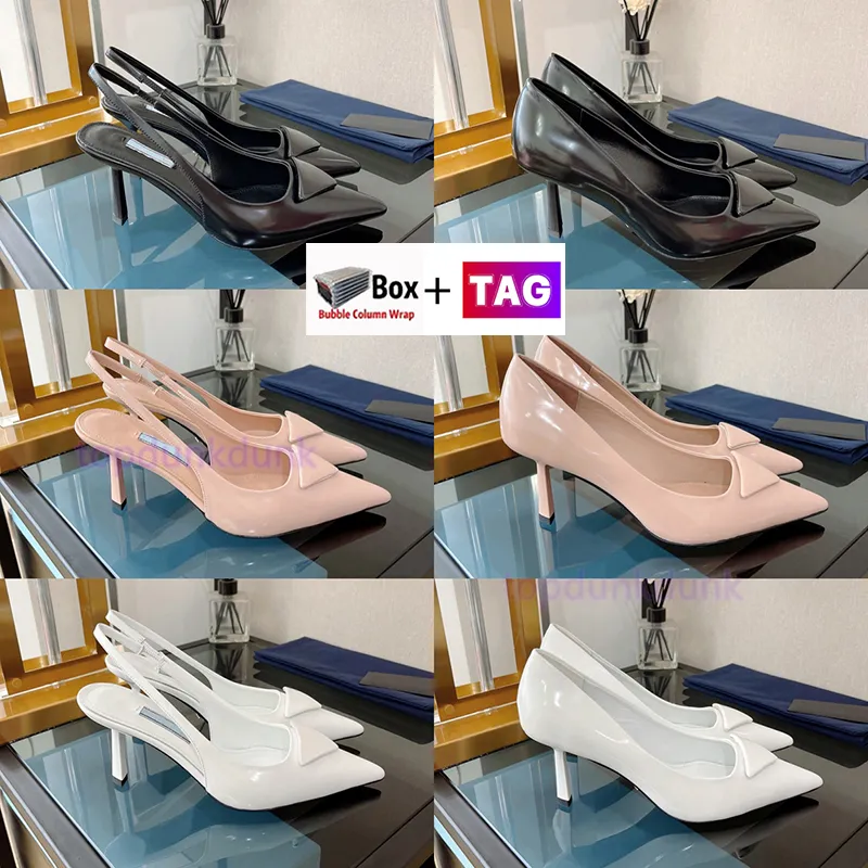Kutu Bayan Elbise Ayakkabıları Logosu Baskılı 75mm Yüksek Topuklu Fırçalı Deri Pompalar Lüks Tasarımcı Sandalet Sıradan Moccasins Kadın Ayakkabı Boyutu 35-39