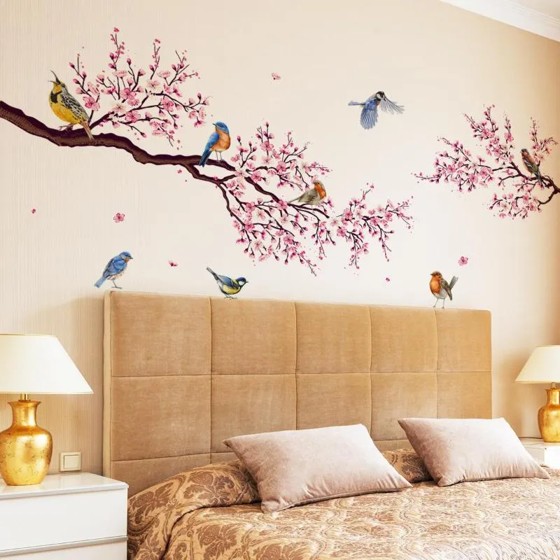 Wallpapers 2pcs perzik boom tak vogel muur sticker woonkamer achtergronddecoratie stickers zelfkleurig